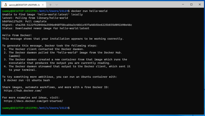 Протестируйте Docker, запустив Docker run hello-world в WSL Ubuntu.