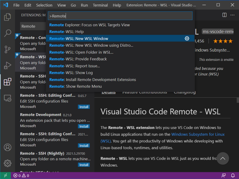 Нажмите CTRL + Shift + P, чтобы открыть диалоговое окно команды VSCode, и введите Remote. Там вы увидите WSL. Выберите Remote-WSL: новое окно WSL