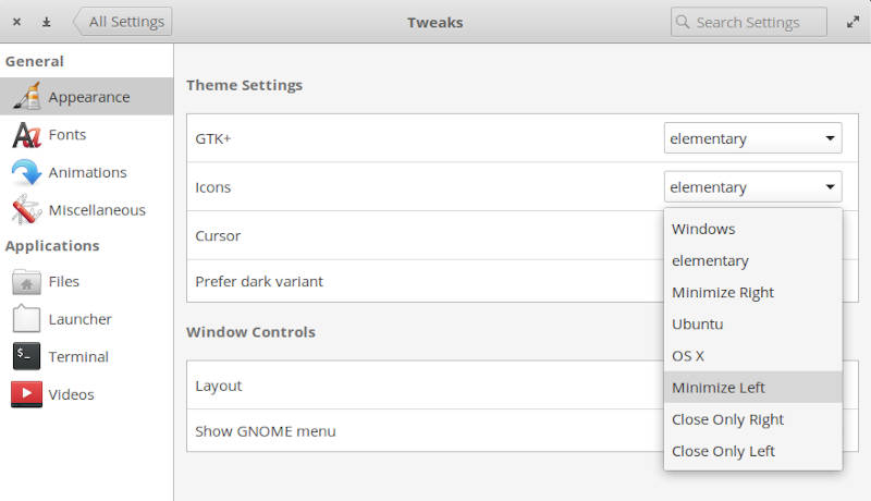Параметры кнопок строки заголовка elementary OS в Tweaks