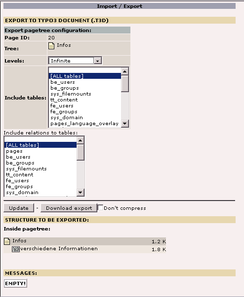 Модуль экспорта TYPO3 3.8.0 (2005 г.)