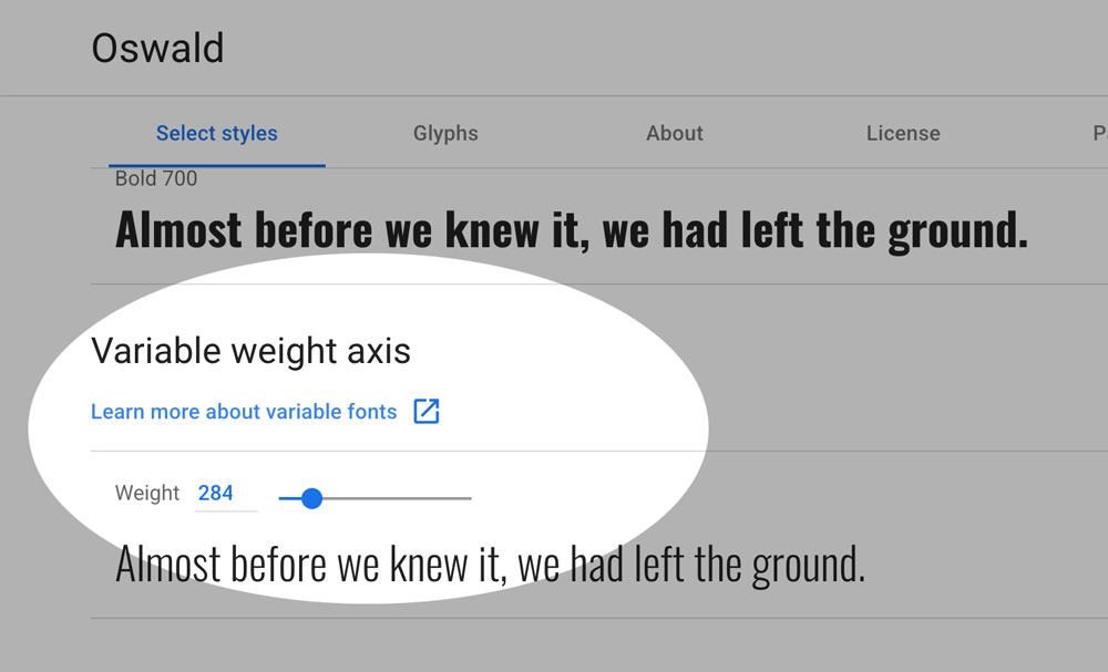 Образец страницы Google Fonts, показывающий переменный шрифт с ползунком веса