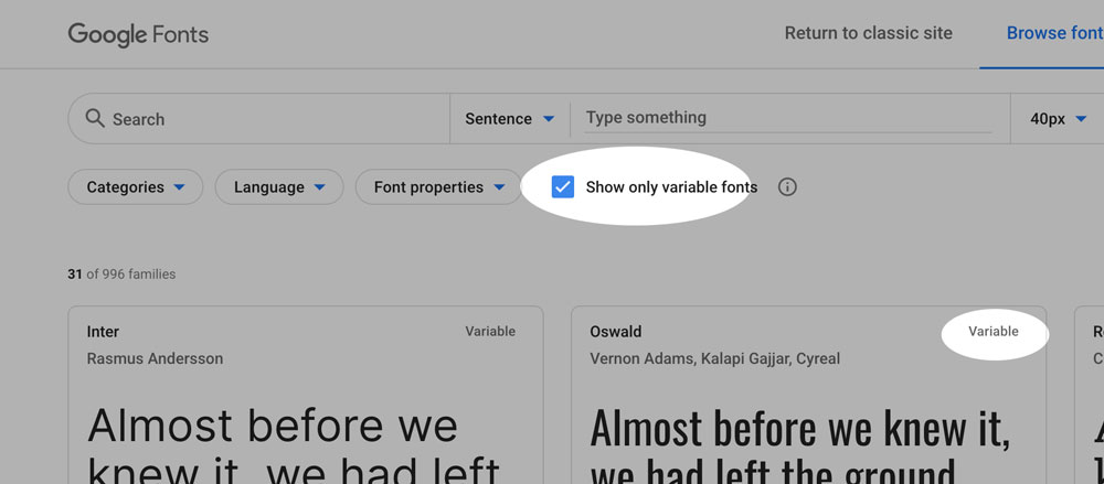 Пользовательский интерфейс Google Fonts с флажком для отображения только вариативных шрифтов
